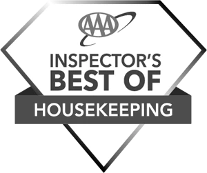 The image shows a diamond-shaped logo with the AAA symbol, and the words "INSPECTOR'S BEST OF HOUSEKEEPING" below it, in black and white. logo on footer section.