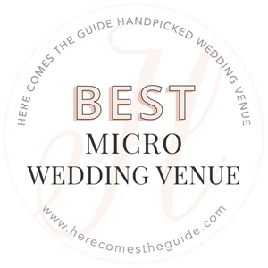 A circular badge with text "Best Micro Wedding Venue" and "Here Comes the Guide Handpicked Wedding Venue" along the border, website at bottom. logo on footer section.