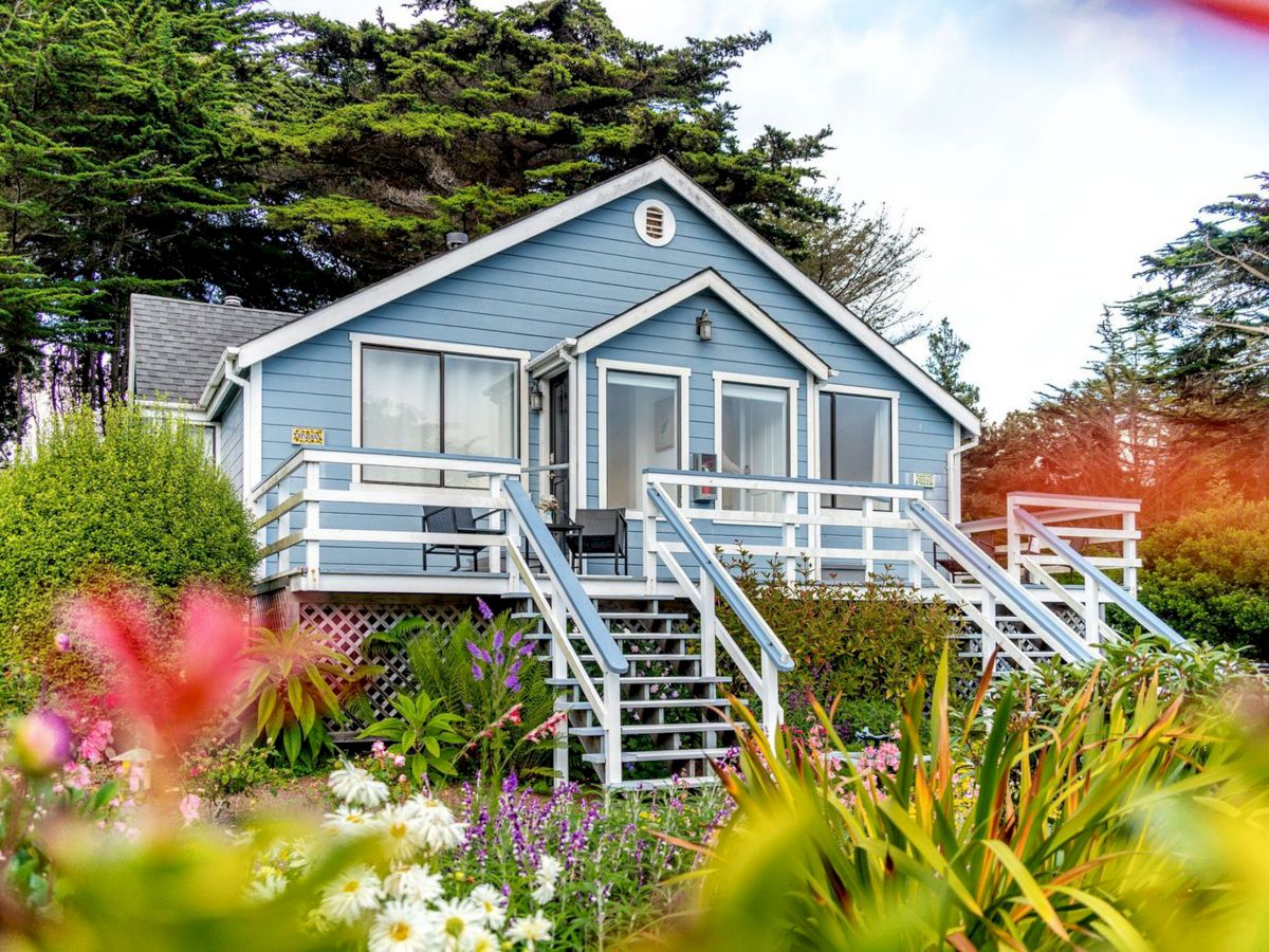 A blue house with white railings and steps is surrounded by vibrant greenery and flowers, set against a background of tall trees.