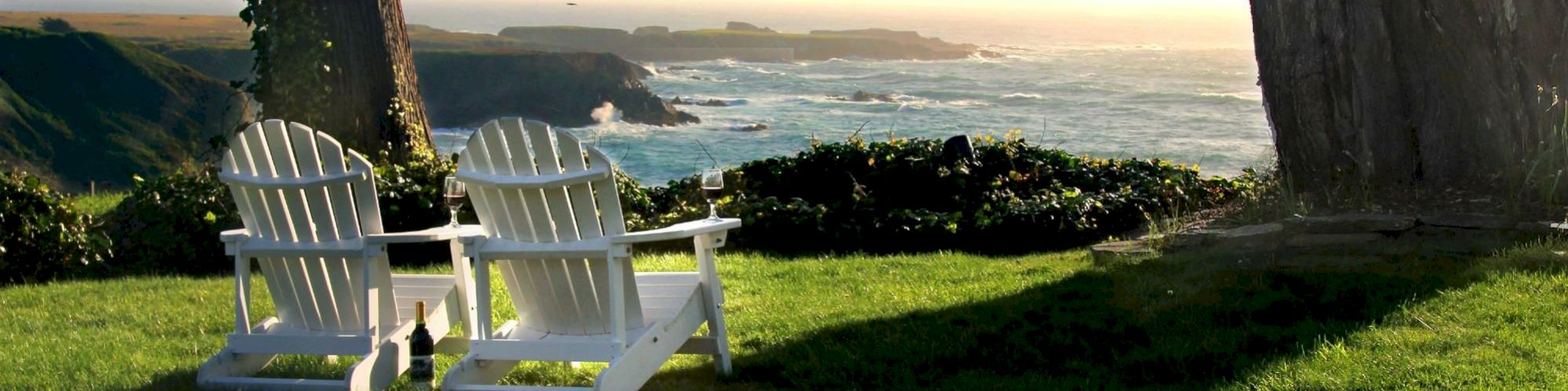 Two white Adirondack chairs facing a scenic ocean view, set on a grassy area with two trees providing shade and a bottle with two glasses nearby.