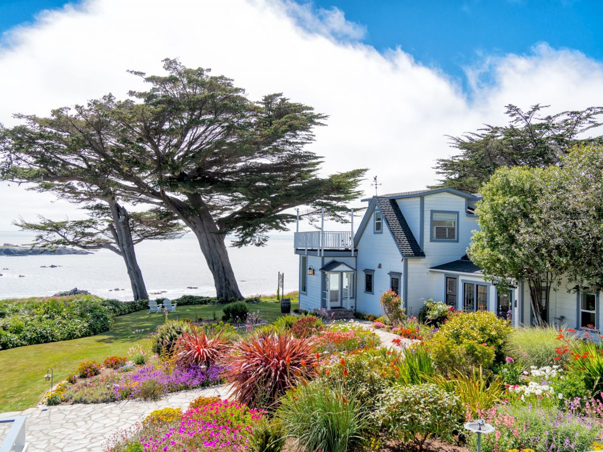 A coastal house with a beautiful garden, large trees, and a view of the ocean under a bright blue sky.