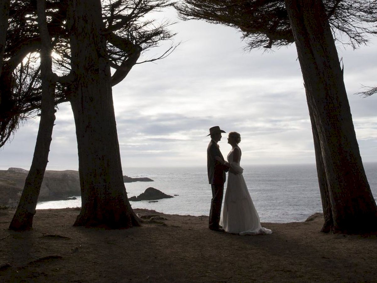 A bride and groom stand together on a cliffside, silhouetted against the ocean and framed by tall trees at sunset.