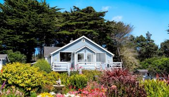 A charming blue house with a white trim nestled among lush greenery and colorful flowers, with tall trees in the background and a clear sky.