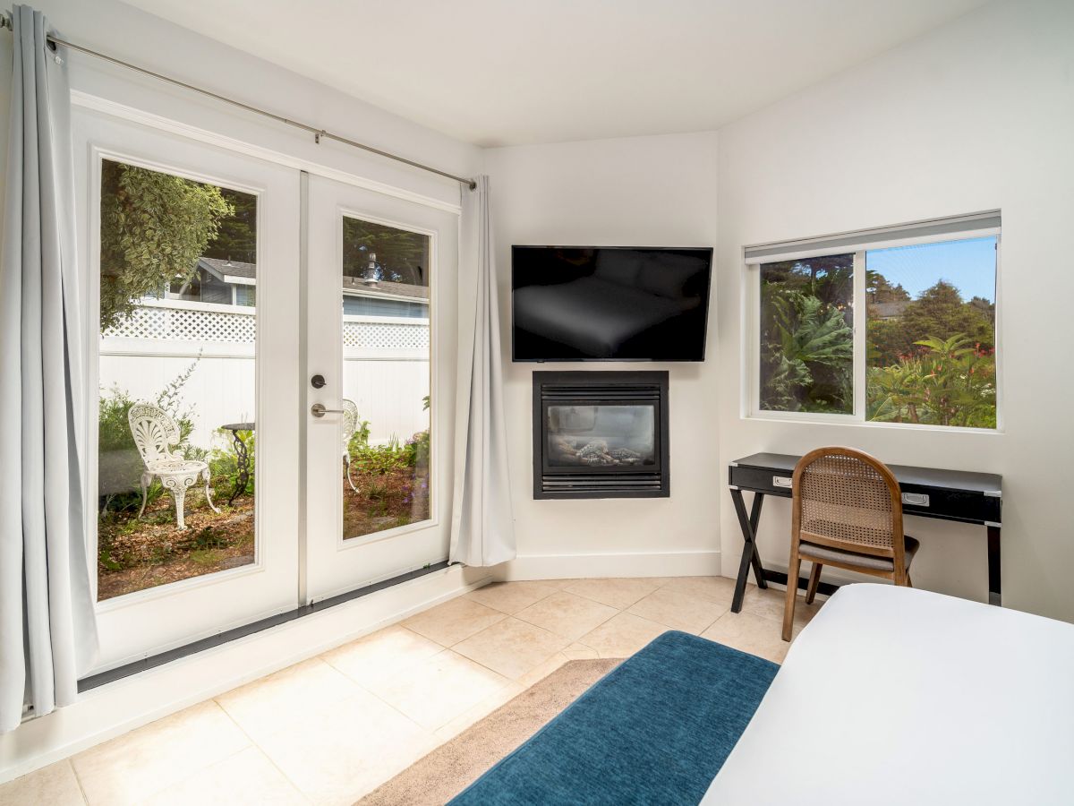 The image shows a bright room with double doors leading outside, a wall-mounted TV above a fireplace, a desk and chair, and a window with a garden view.