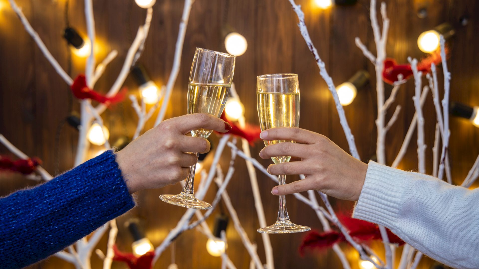 Two people clinking champagne glasses in a festive setting with decorative lights and branches in the background.