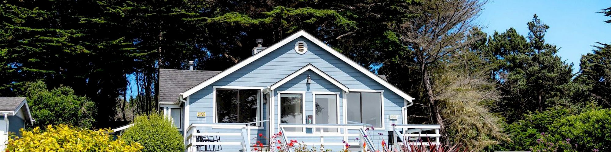 A charming blue house with large windows is surrounded by lush, colorful gardens and tall trees under a clear blue sky.