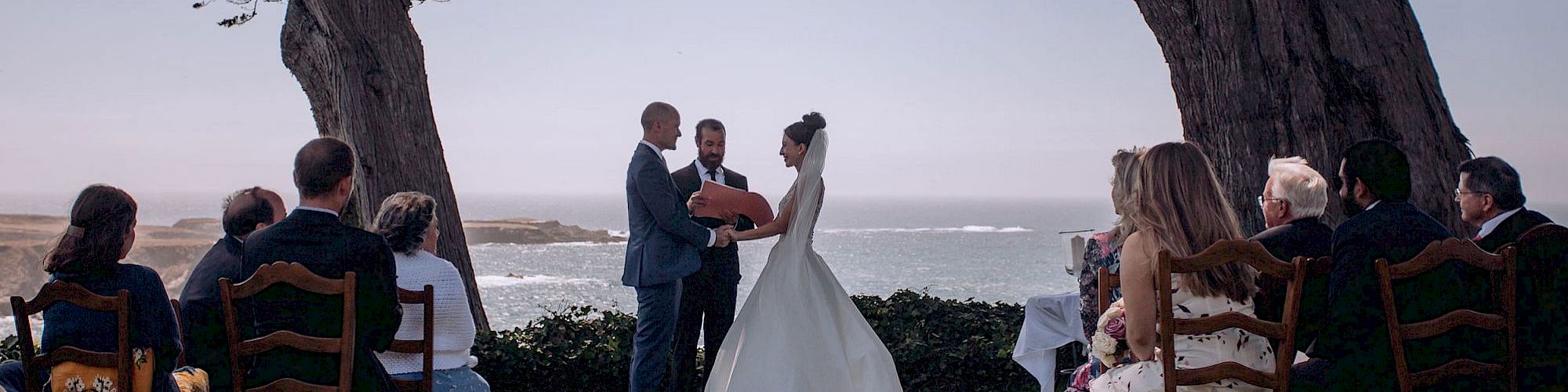 A couple is getting married outdoors by the ocean, surrounded by guests seated on wooden chairs under large trees.