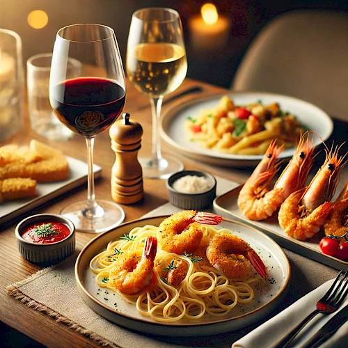 A table set with pasta, shrimp, two glasses of wine, and various side dishes, creating an inviting and elegant dining atmosphere.
