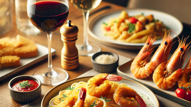 A table set with pasta, shrimp, two glasses of wine, and various side dishes, creating an inviting and elegant dining atmosphere.