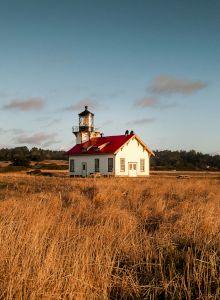 A white lighthouse with a red roof sits in a golden grass field under a clear blue sky, small, peaceful coastline scene.