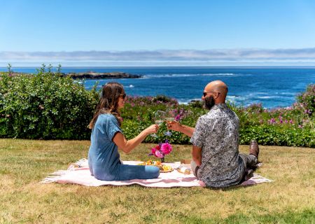 A couple sits on a blanket by the grassy seaside, toasting drinks with the ocean and blue sky behind them.